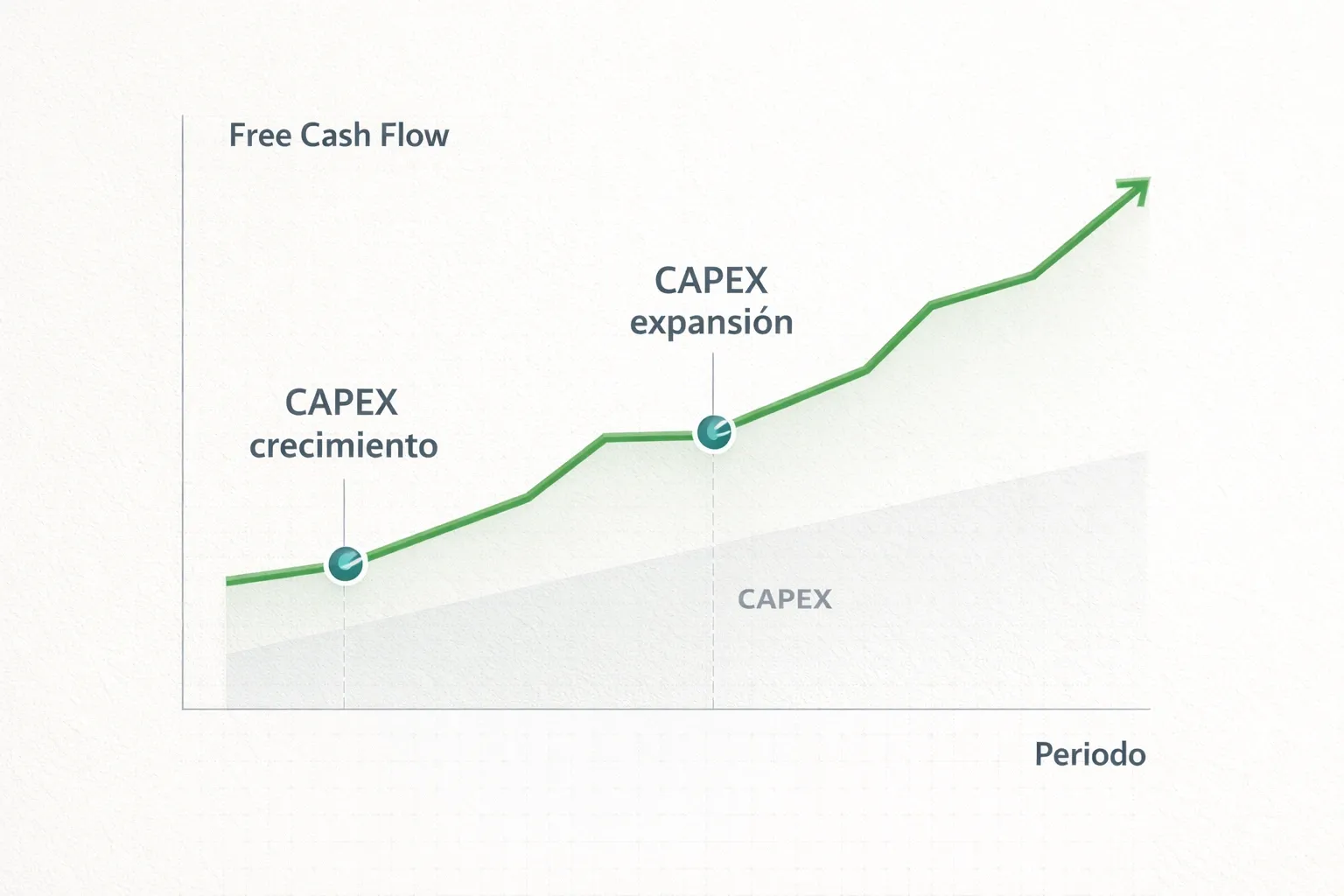 Gráfico de evolución del FCF a lo largo de varios ejercicios mostrando tendencia positiva y puntos de inflexión por ciclos de inversión