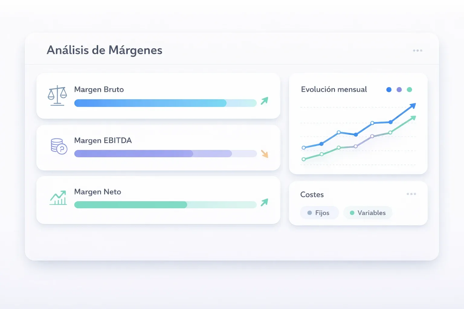 Tabla comparativa de los tres márgenes clave (Bruto, EBITDA, Neto) con ejemplos numéricos para una pyme con 2M€ de facturación.