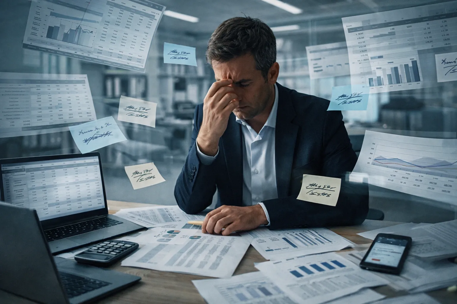 Ilustración de un CEO intentando tomar decisiones rodeado de hojas Excel y datos contradictorios