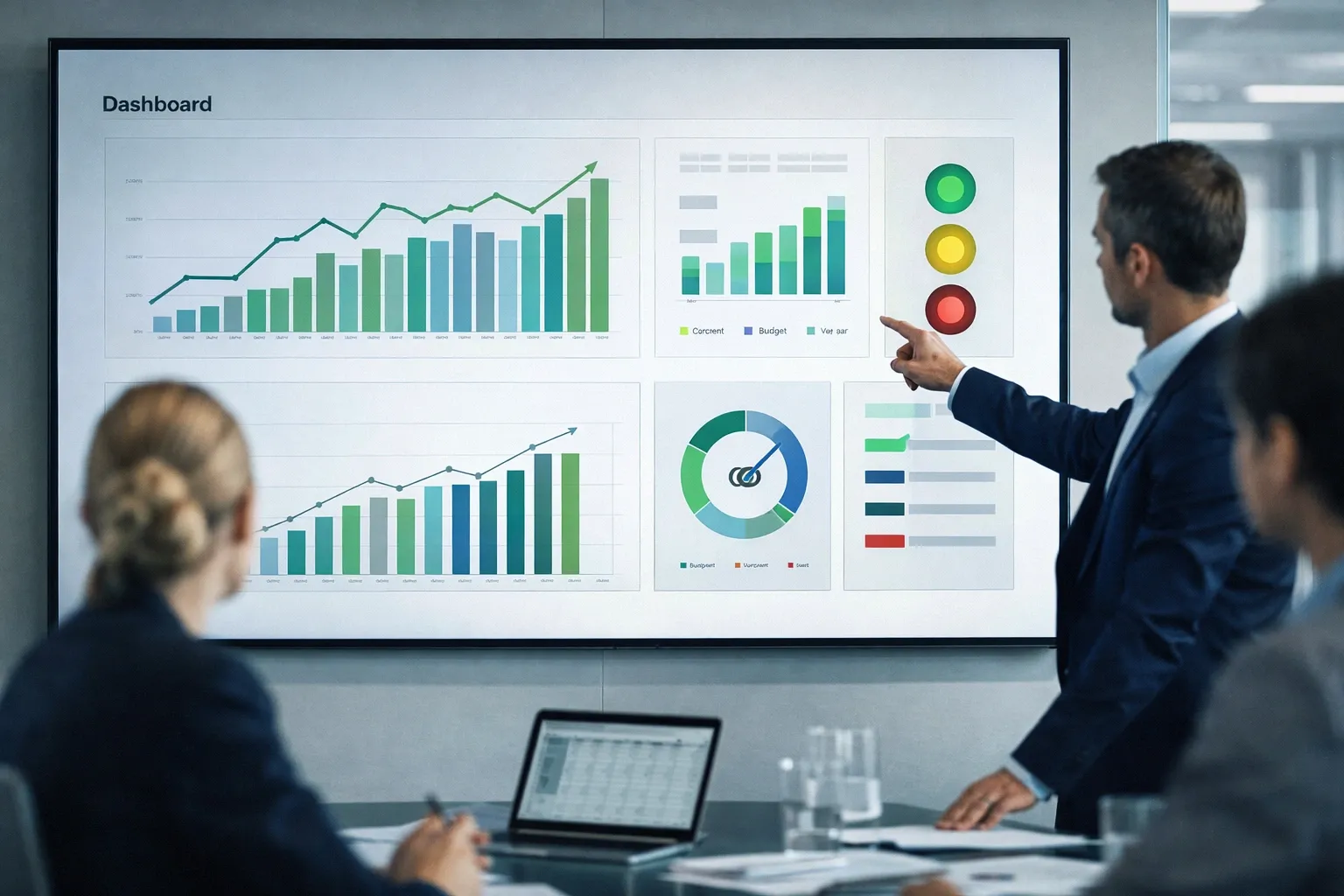 Dashboard de reporting financiero mostrando métricas clave con semáforos y tendencias