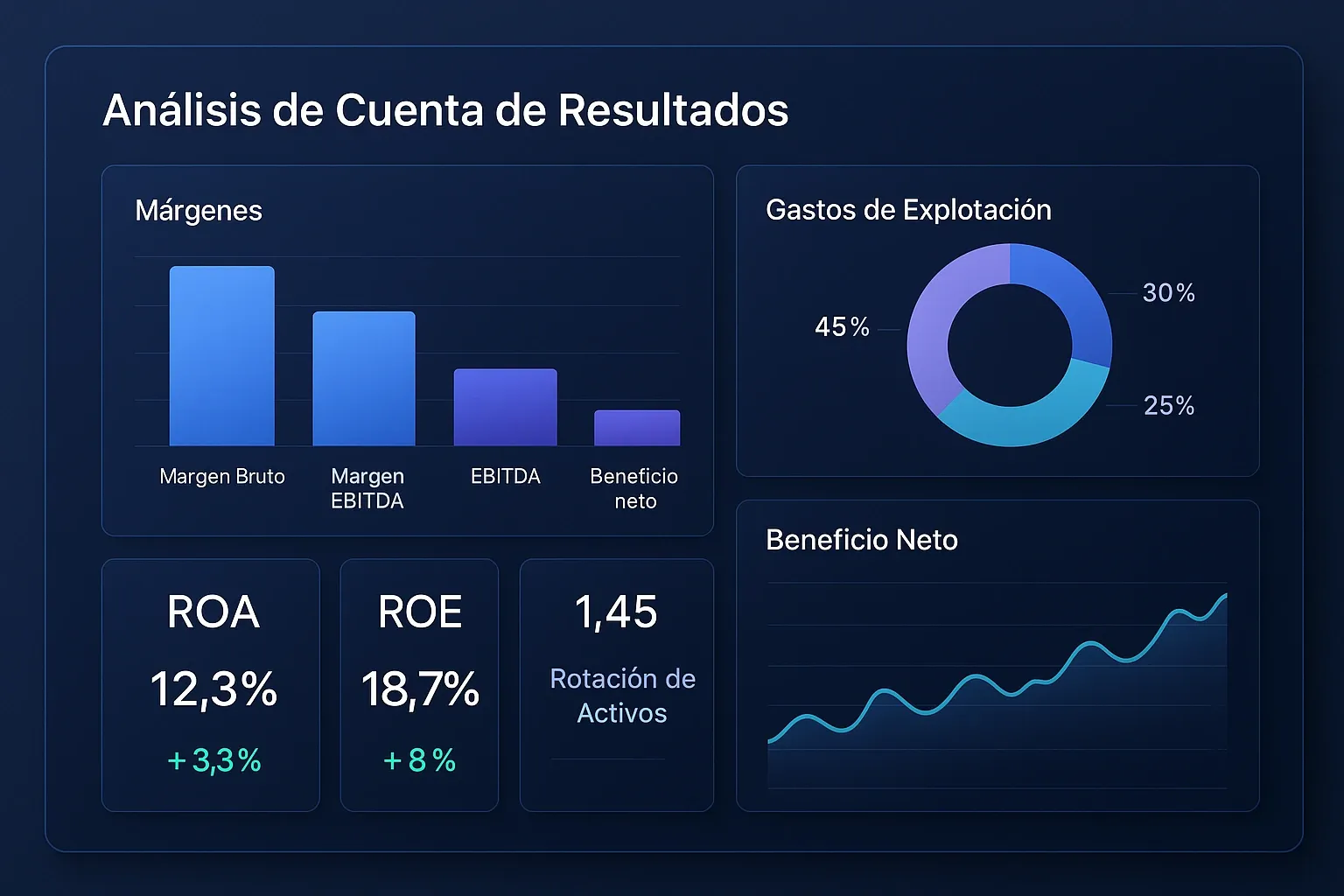 Dashboard financiero mostrando análisis de cuenta de resultados con márgenes y ratios