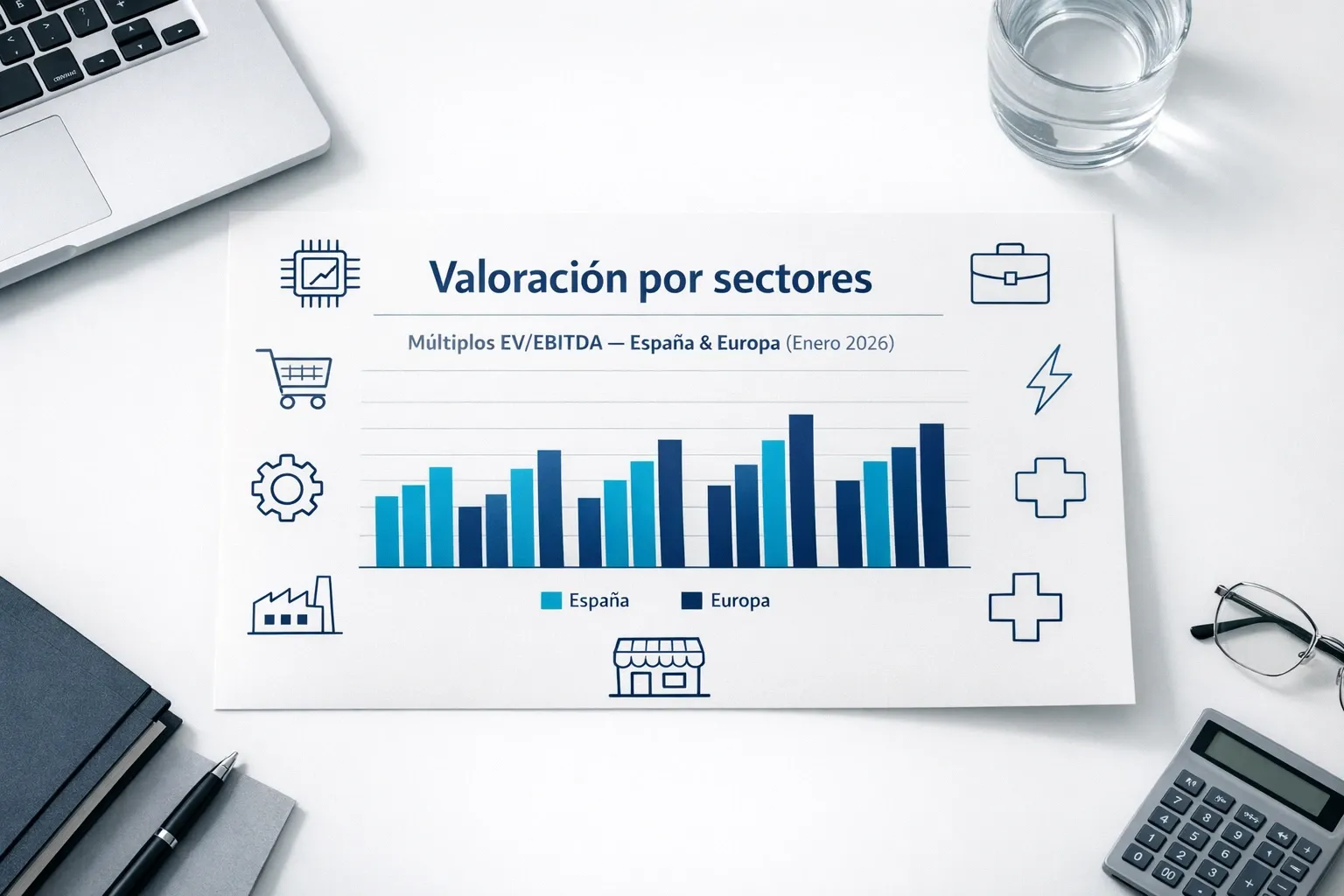 Gráfico comparativo de múltiplos EV/EBITDA por sectores en España y Europa