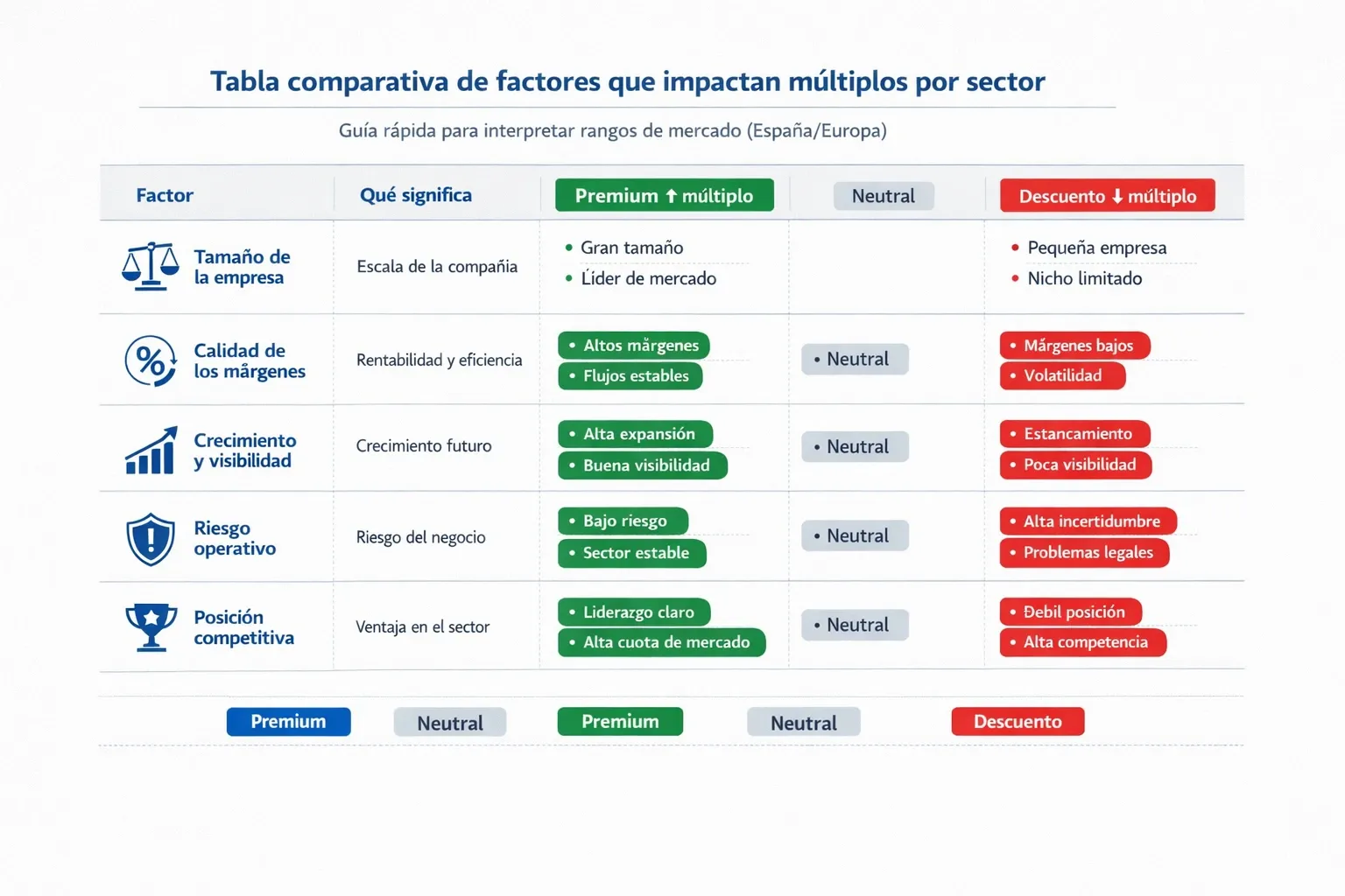 Tabla comparativa de factores que impactan múltiplos por sector