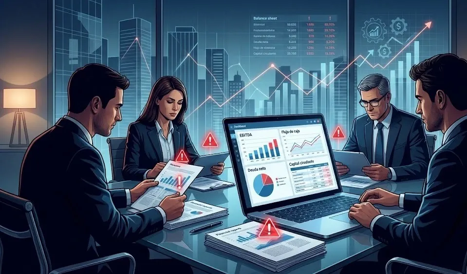 Infografía visual mostrando los principales red flags financieros en due diligence: EBITDA inflado, deuda oculta, capital circulante negativo, entre otros