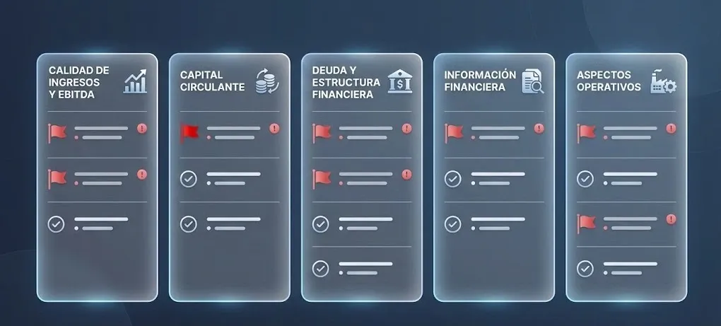 Checklist visual de red flags financieros organizados por categorías: calidad de ingresos, capital circulante, deuda, información contable
