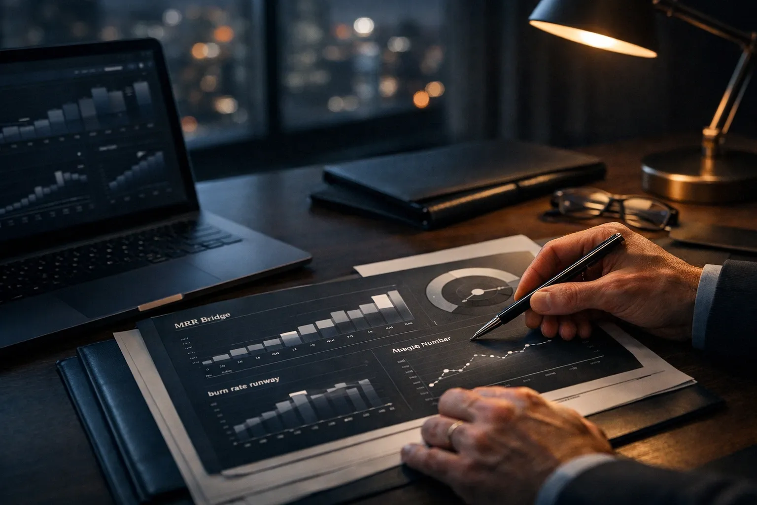 Equipo SaaS trabajando en estrategia financiera con gráficos y métricas