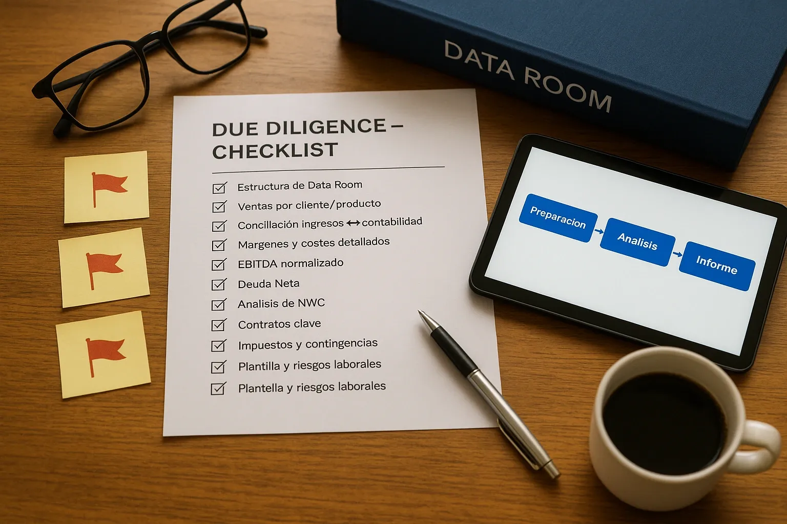 Esquema de fases: Preparación → Análisis → Informe → Cierre (con iconos y flechas)