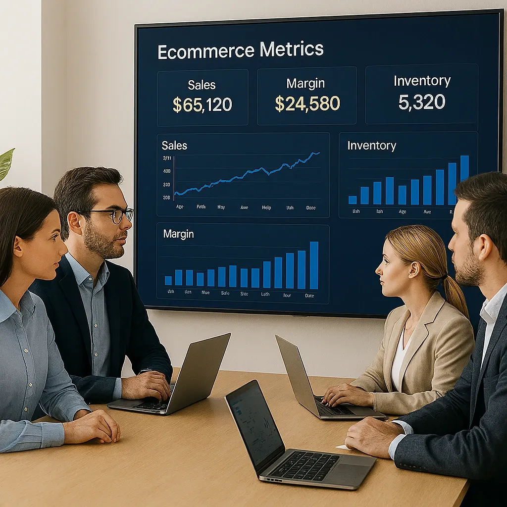 Pantalla con métricas de ecommerce, KPIs y gráficos