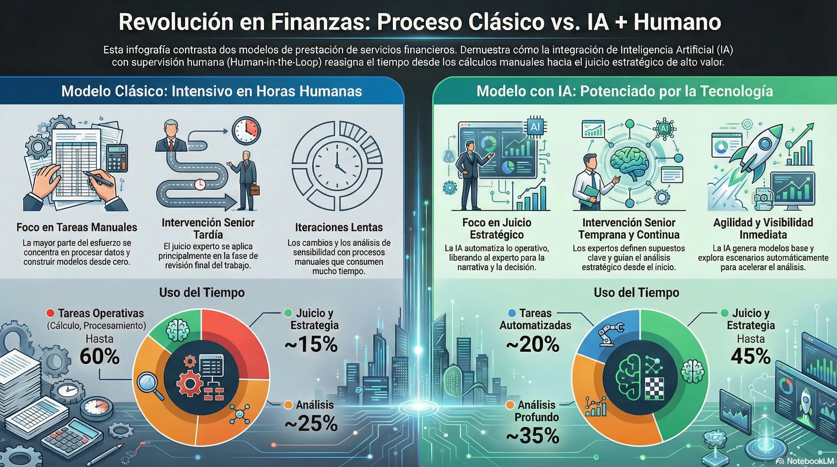 Infografía comparativa: Modelo clásico vs Modelo IA + Humano en servicios financieros