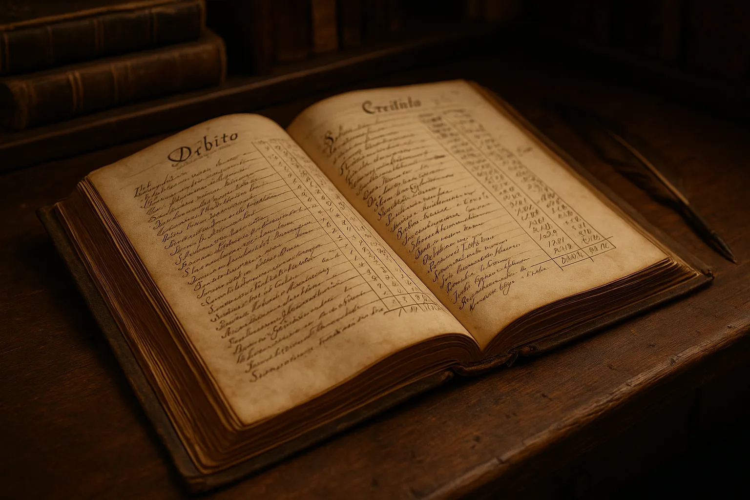 Libro de contabilidad antiguo abierto, manuscrito con cálculos y anotaciones en tinta