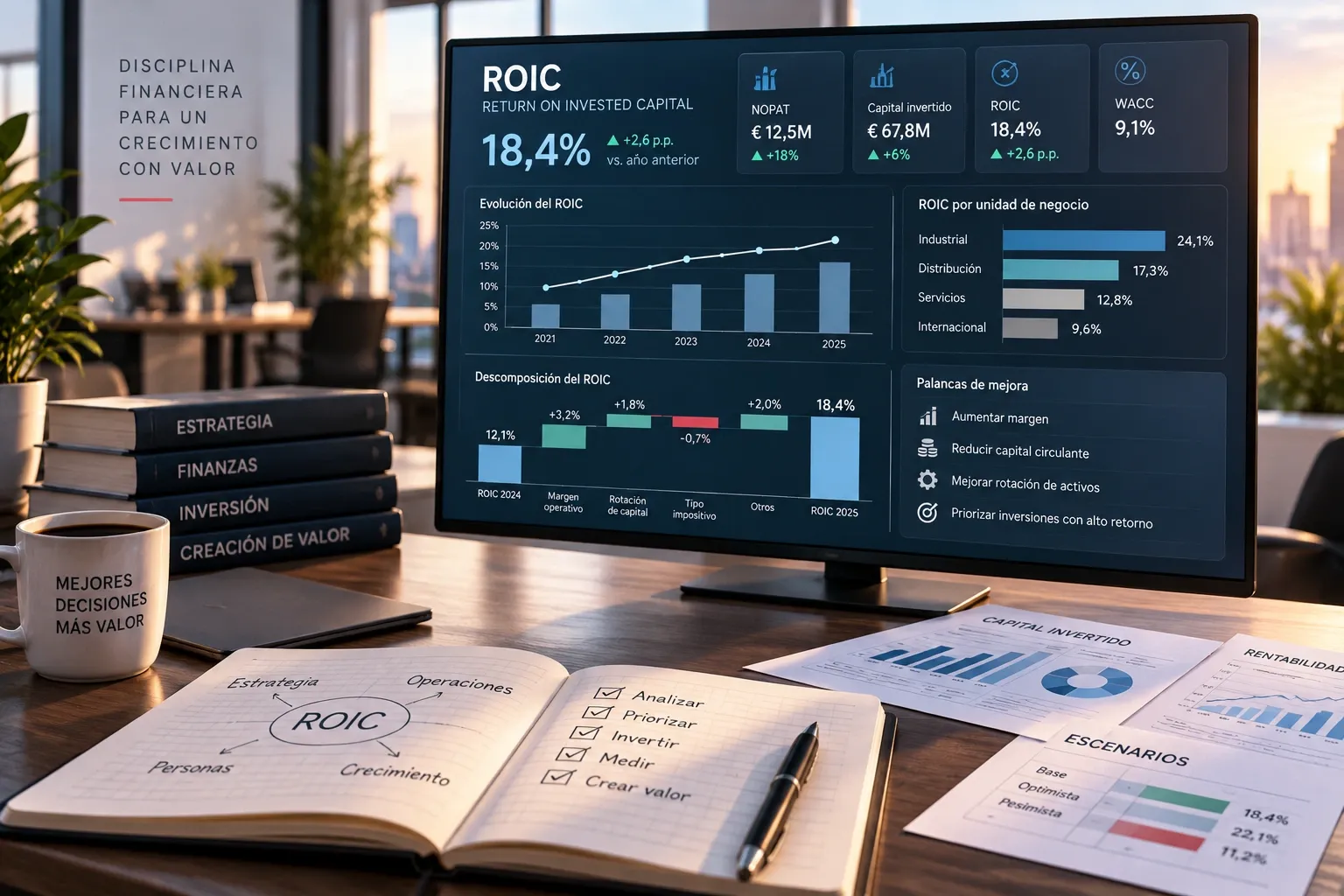 Dashboard financiero de ROIC y creación de valor